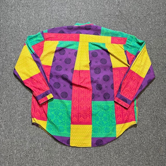 Vintage Perry Ellis Shirt Large Multicolor Patchwork Design Grandad Collar 90s - Picture 2 of 9